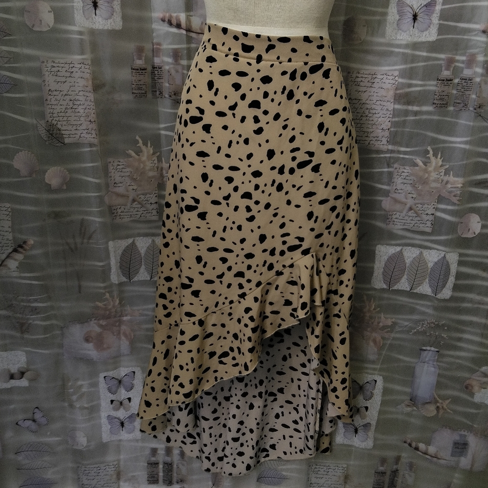 Shein Tannish Brown Black Leopard Print Asymmetric Ruffle Hem Midi Skirt Large - Picture 4 of 9